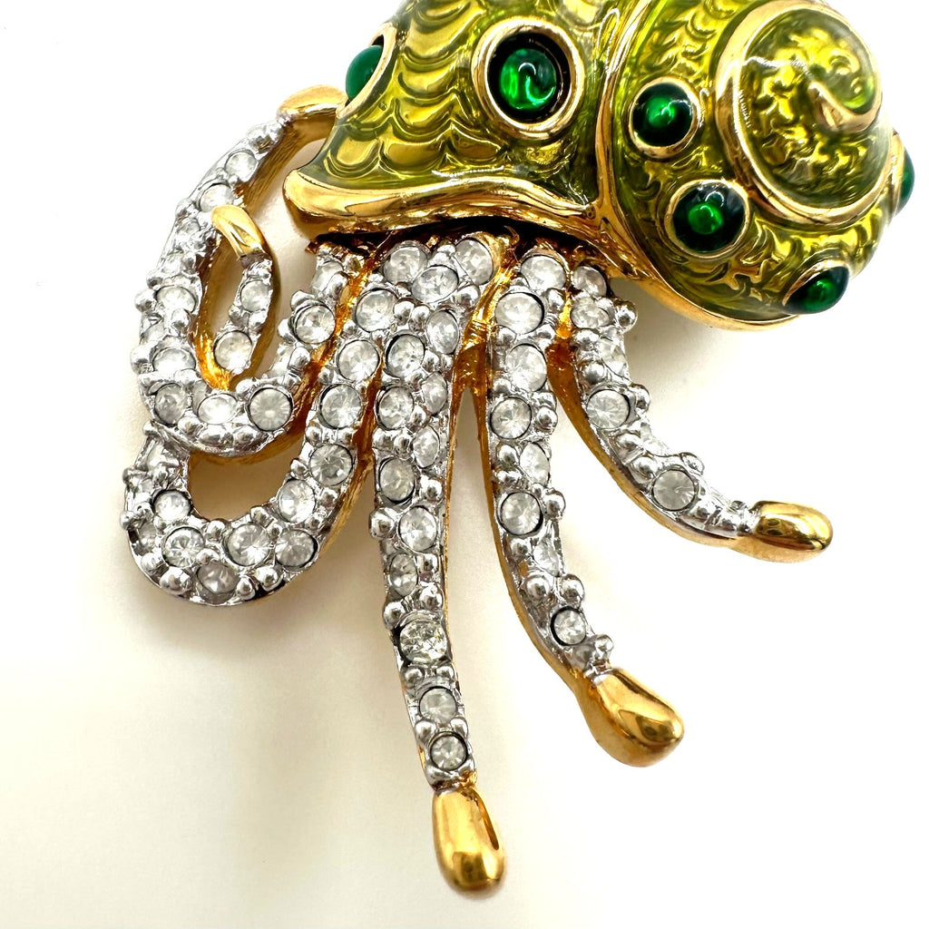 Swarovski Swan vintage gold plated Austrian crystal green enamel nautilus brooch