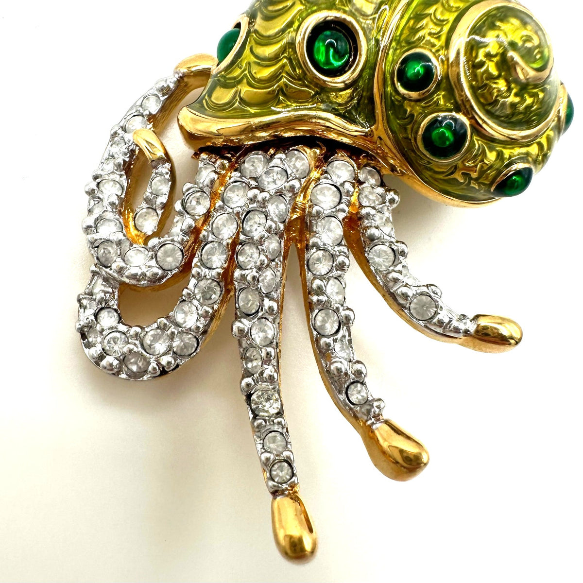 Swarovski Swan vintage gold plated Austrian crystal green enamel nautilus brooch