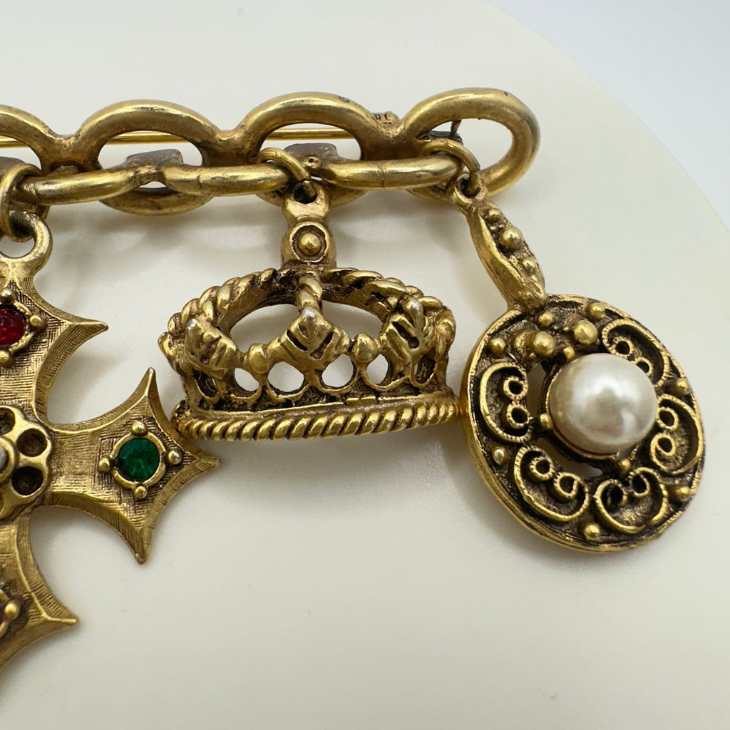 Vintage gold tone Victorian Revival 5 dangling charms crown Maltese cross brooch