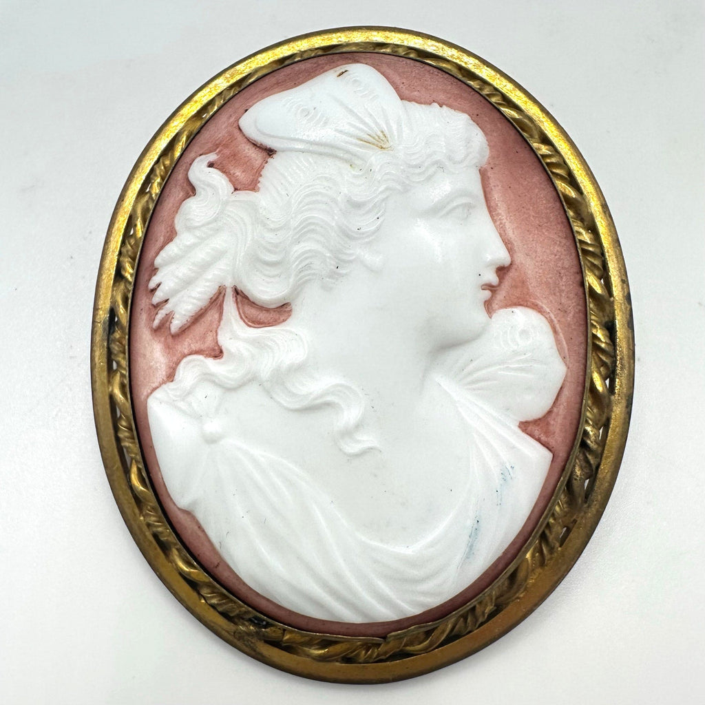 Antique Art Deco 1920s massive white pink porcelain cameo gold tone brooch