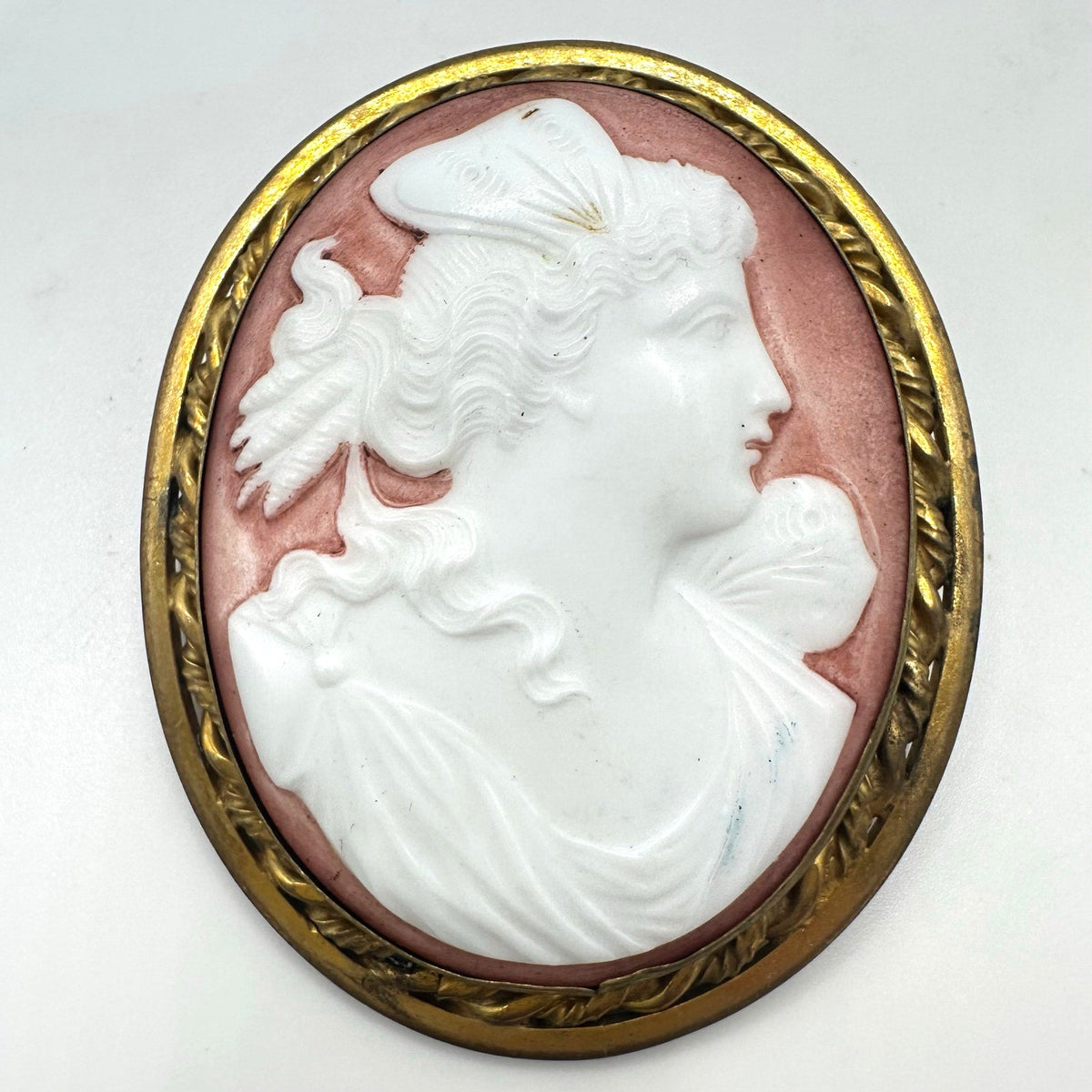Antique Art Deco 1920s massive white pink porcelain cameo gold tone brooch