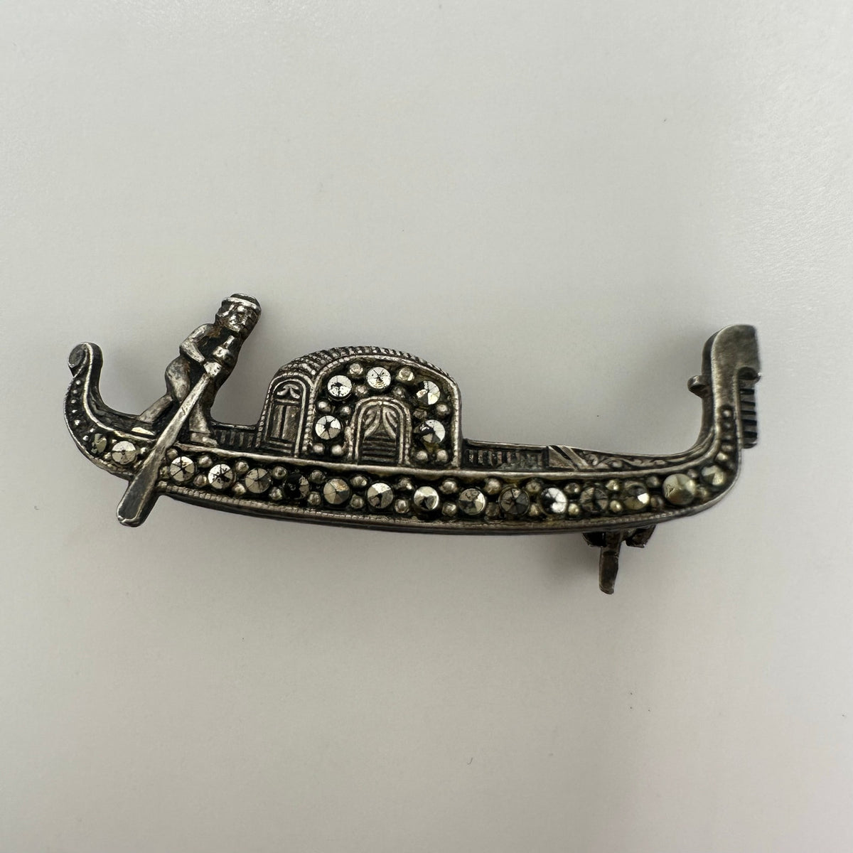 Antique Art Deco 925 sterling silver marcasite gondola boat figural brooch pin