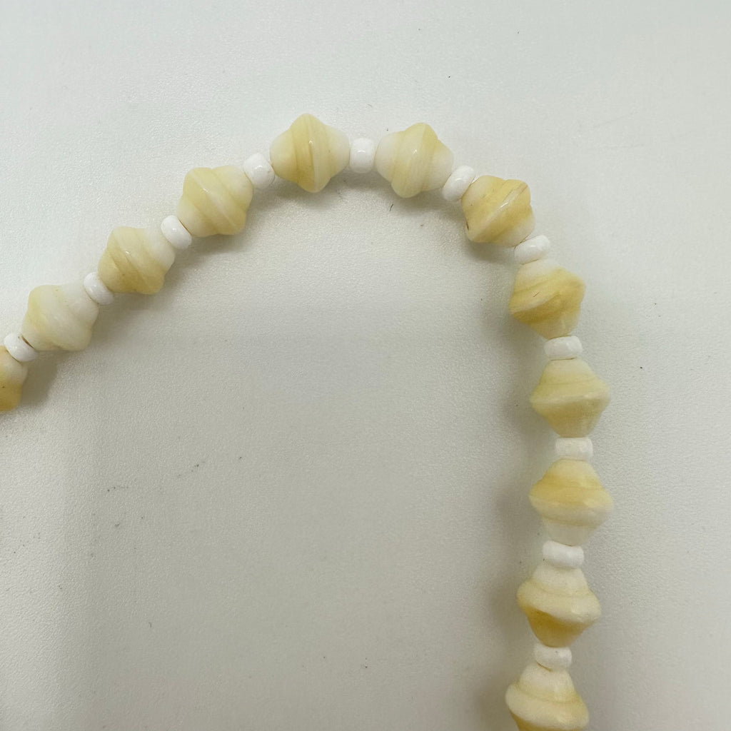 Antique vintage cream Czech glass pressed beads flowers beaded brass necklace