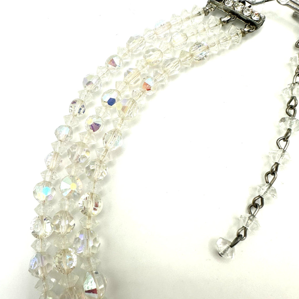 Vintage 3 triple strand clear AB aurora borealis glass beaded graduated necklace
