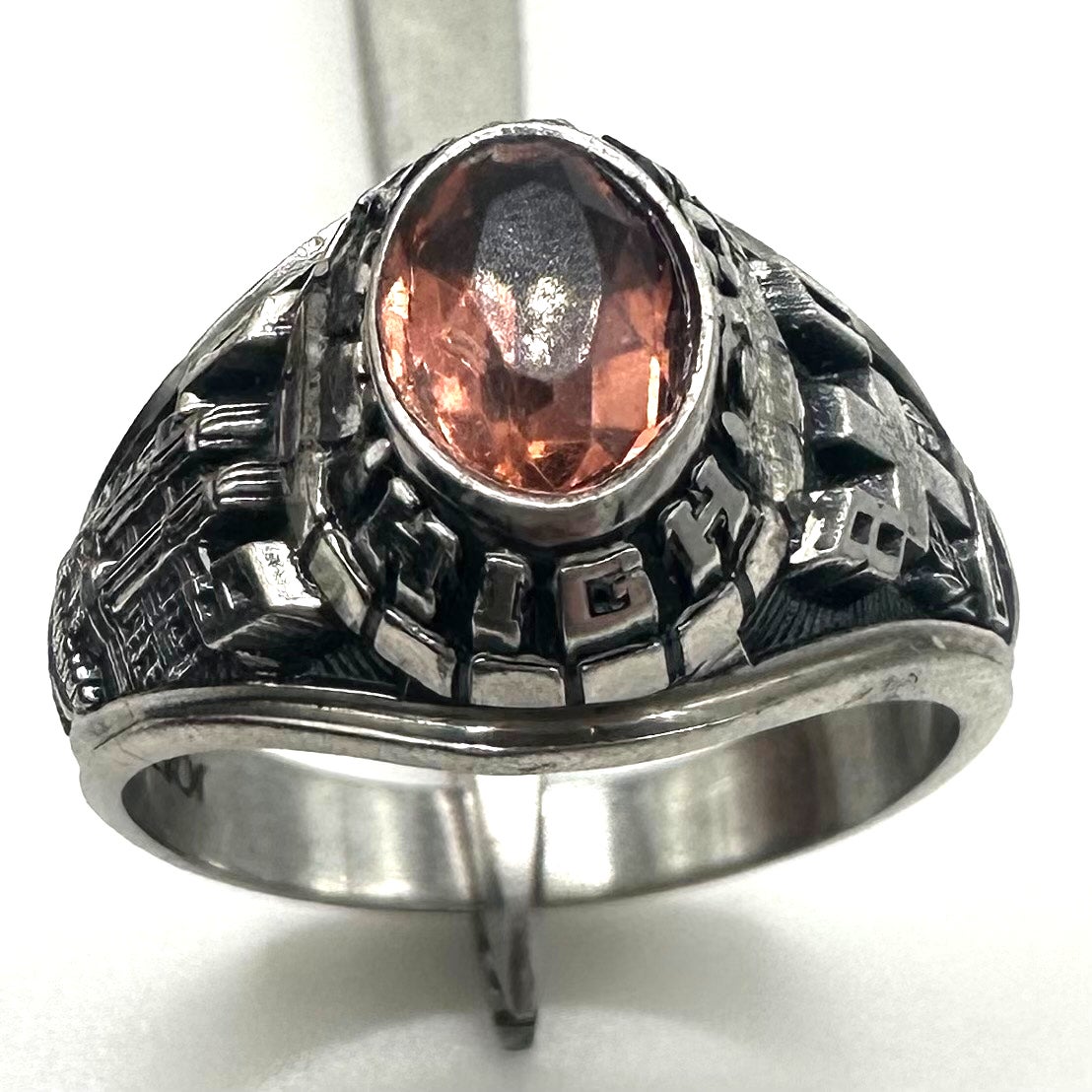Jostens 1980 vintage silver tone Lustrium peach stone class ring 6.5