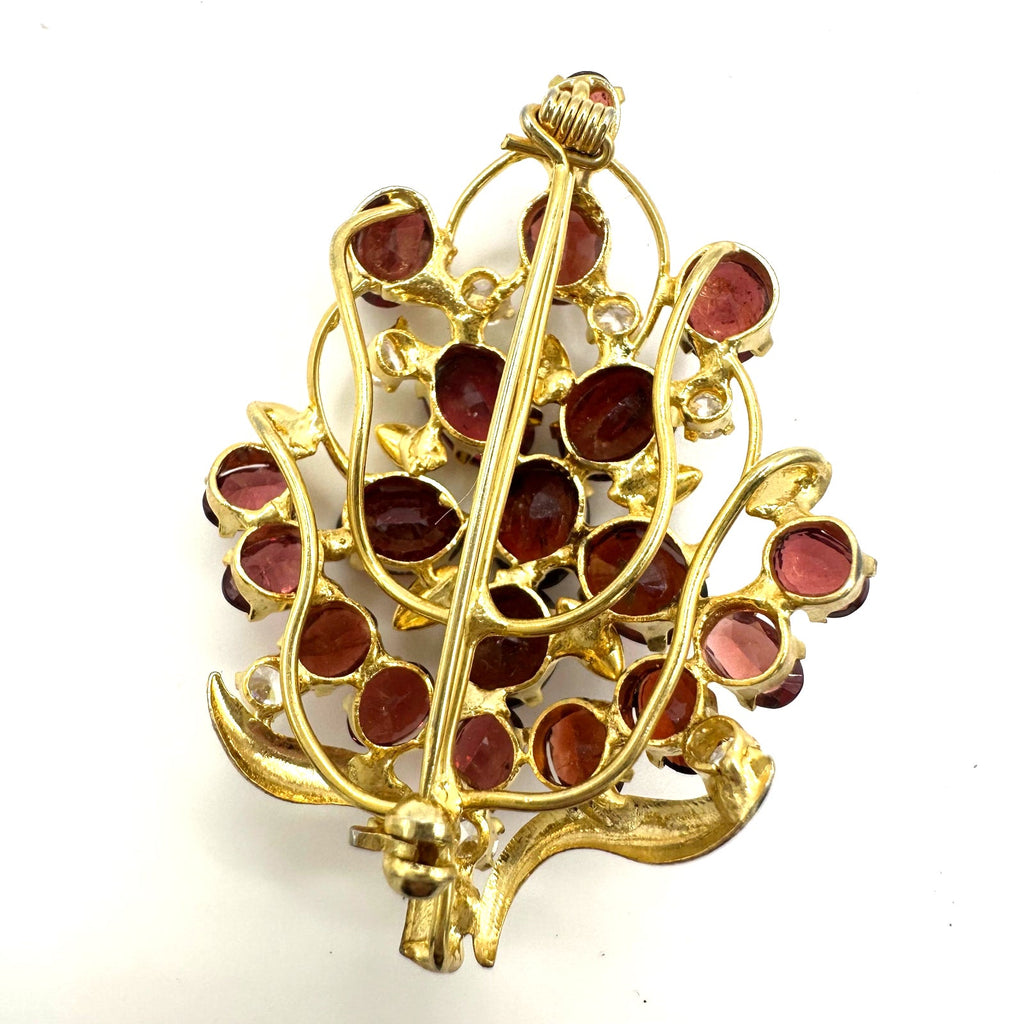 Gold plated real genuine red maroon garnets clear cubic zirconia CZ brooch