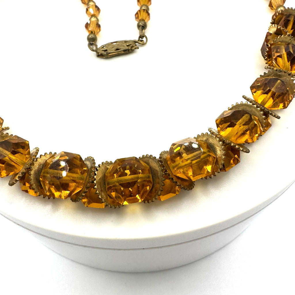 Antique Art Deco amber topaz Czech glass rondelles beaded 16” chain necklace
