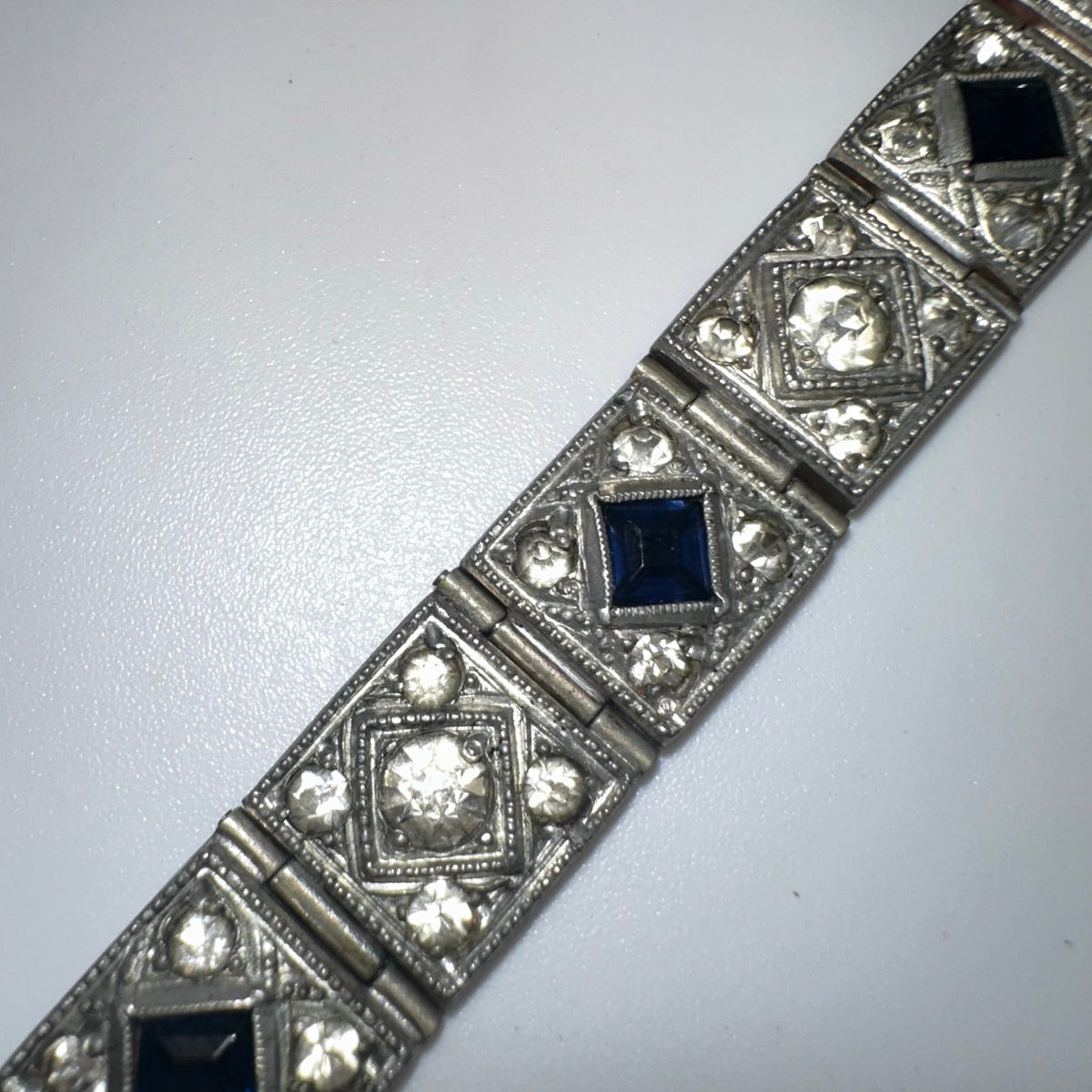 Diamond Finish antique Art Deco pot metal clear blue rhinestones bracelet
