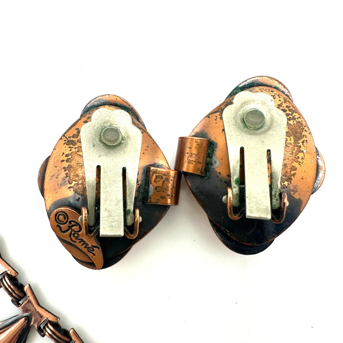 Ramé vintage solid copper modernist teardrop necklace clip on earrings set