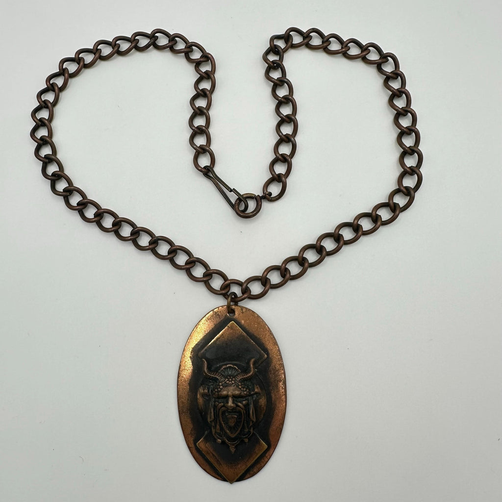 Vintage 1970s cast copper Viking figural pendant curb link chain necklace
