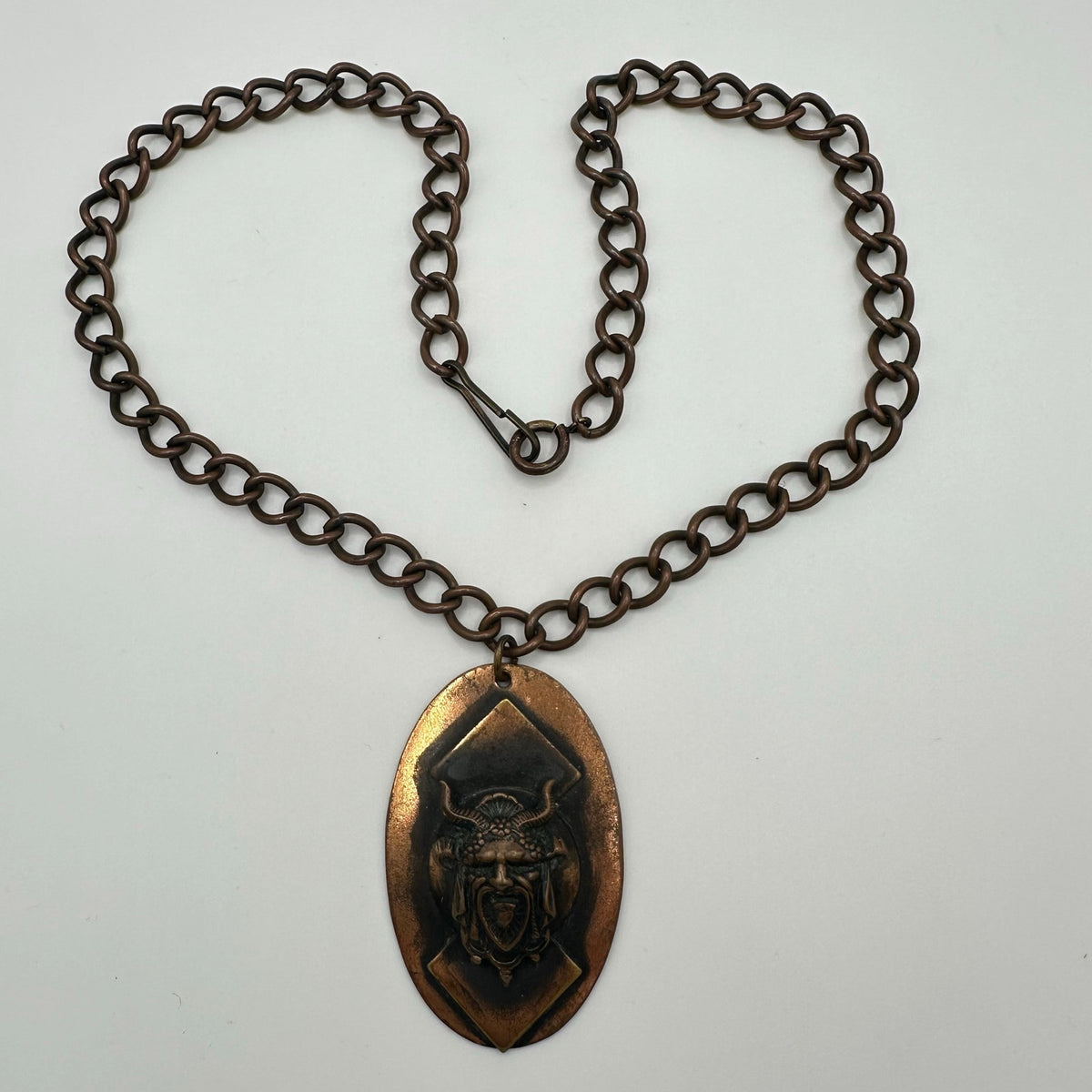 Vintage 1970s cast copper Viking figural pendant curb link chain necklace
