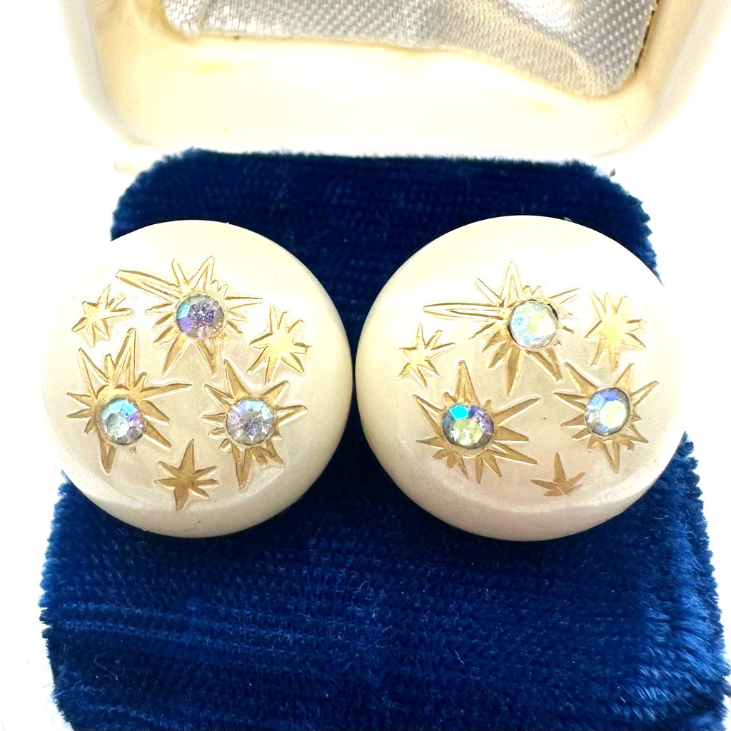 Vintage gold tone AB rhinestones domed cream lucite post earrings