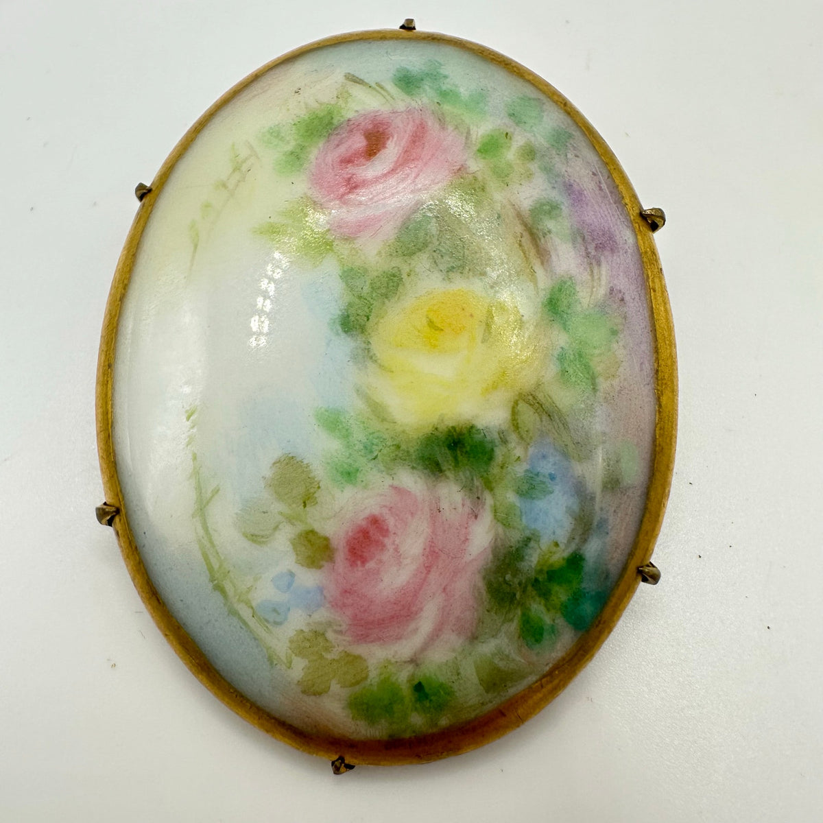 Antique Victorian Edwardian hand painted pink green yellow blue floral brooch
