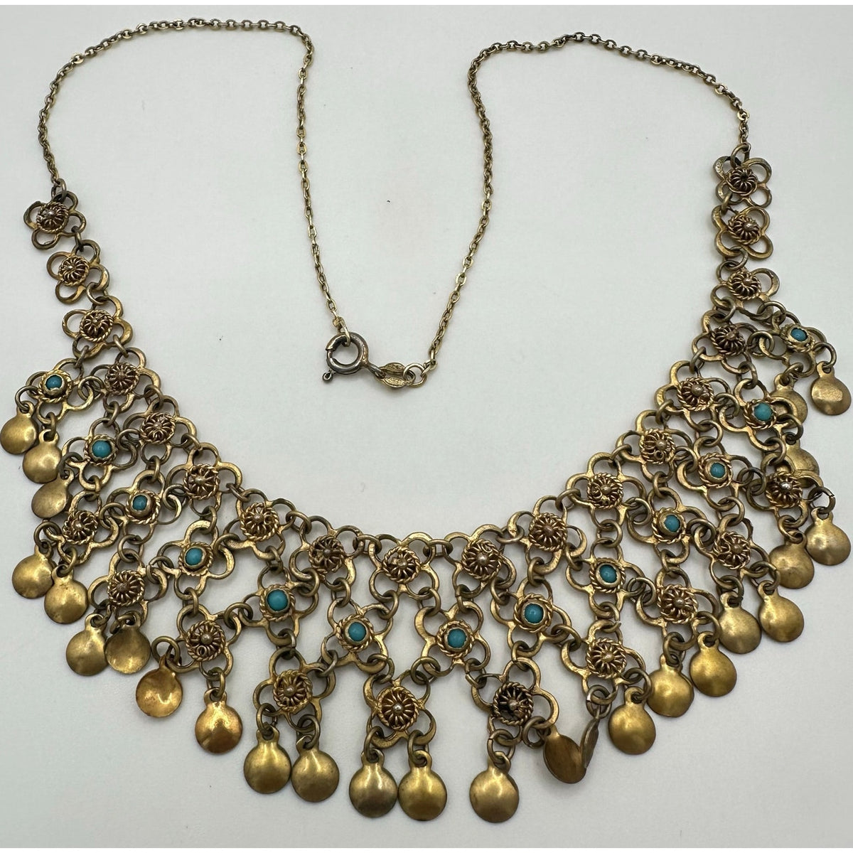 925 sterling silver gold vermeil filigree genuine turquoise chain bib necklace