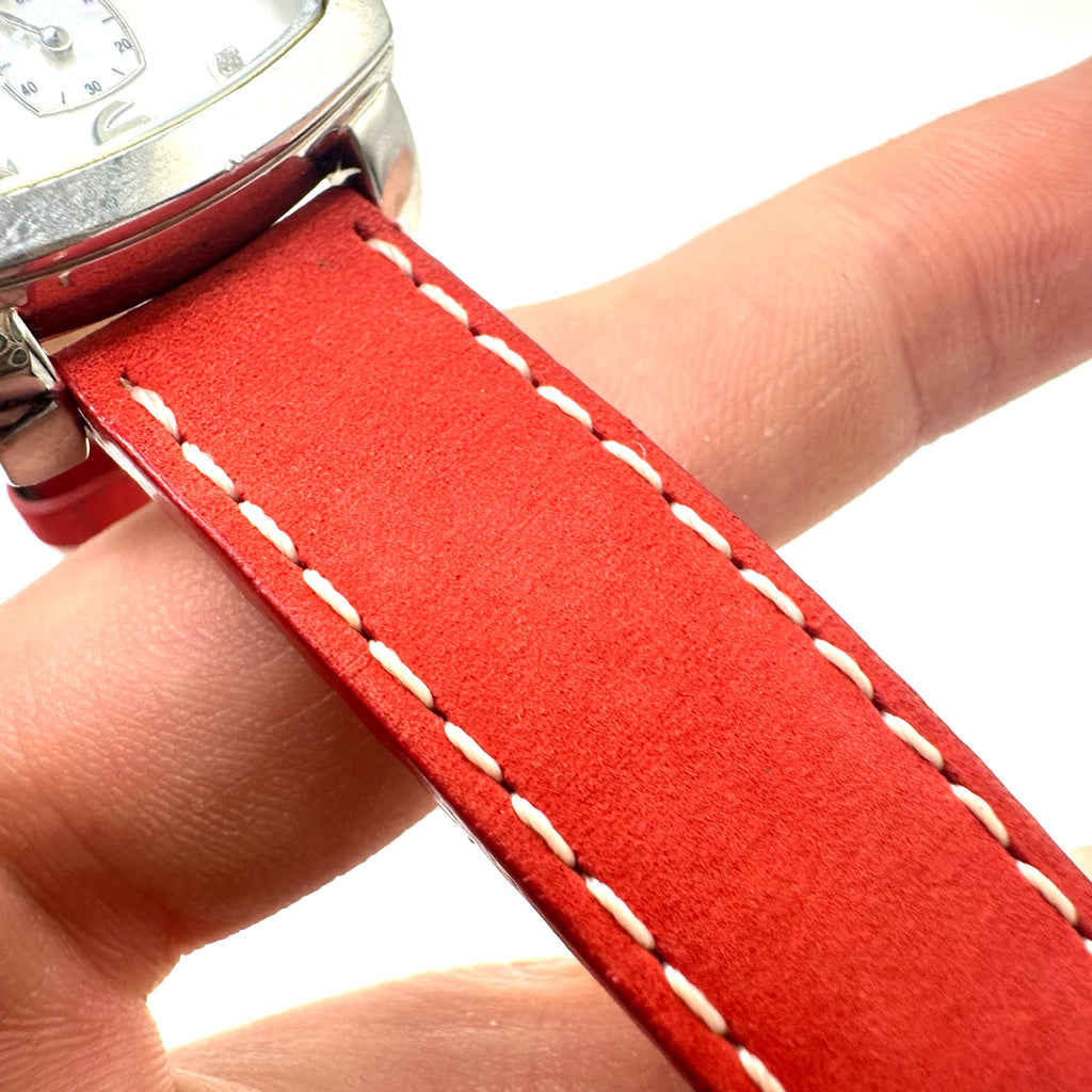 Skagen quartz silver tone mother of pearl rounded square dial red leather watch