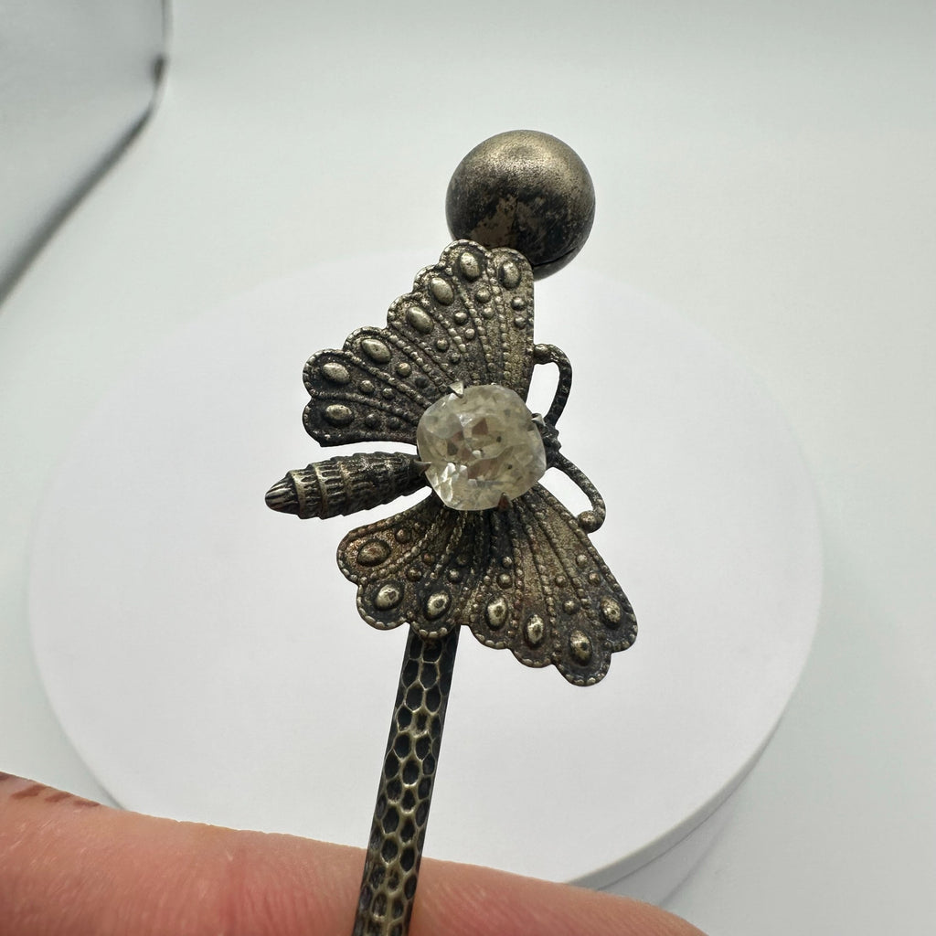 Antique Victorian silver tone textured butterfly clear paste gemstone stick pin