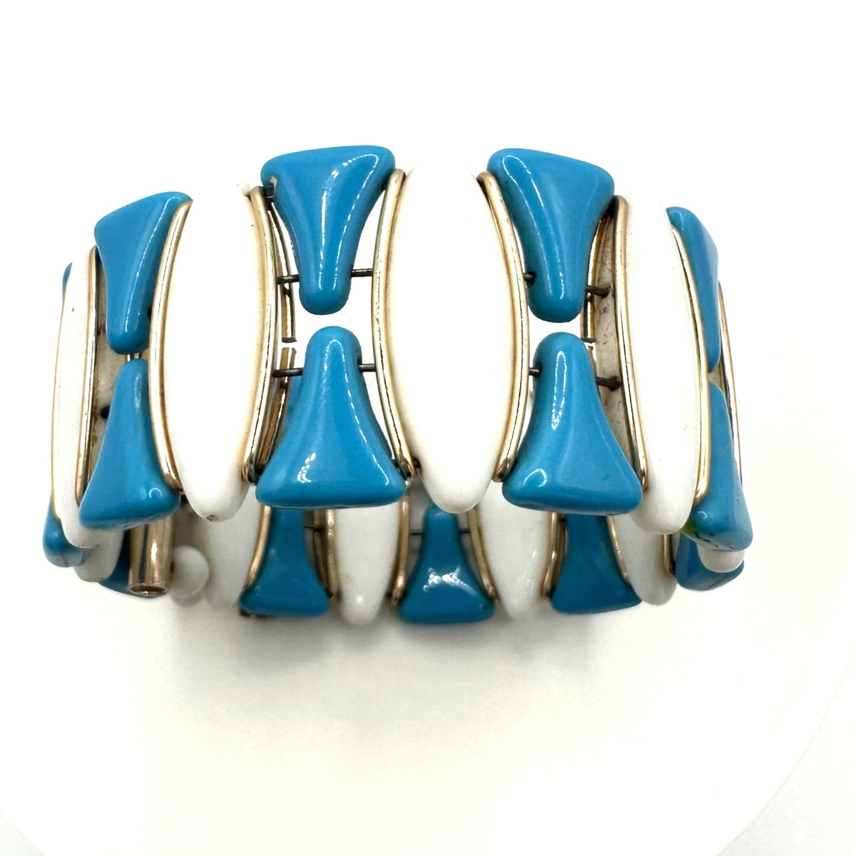 Western Germany vintage blue white milk glass gold tone beaded wrap bracelet