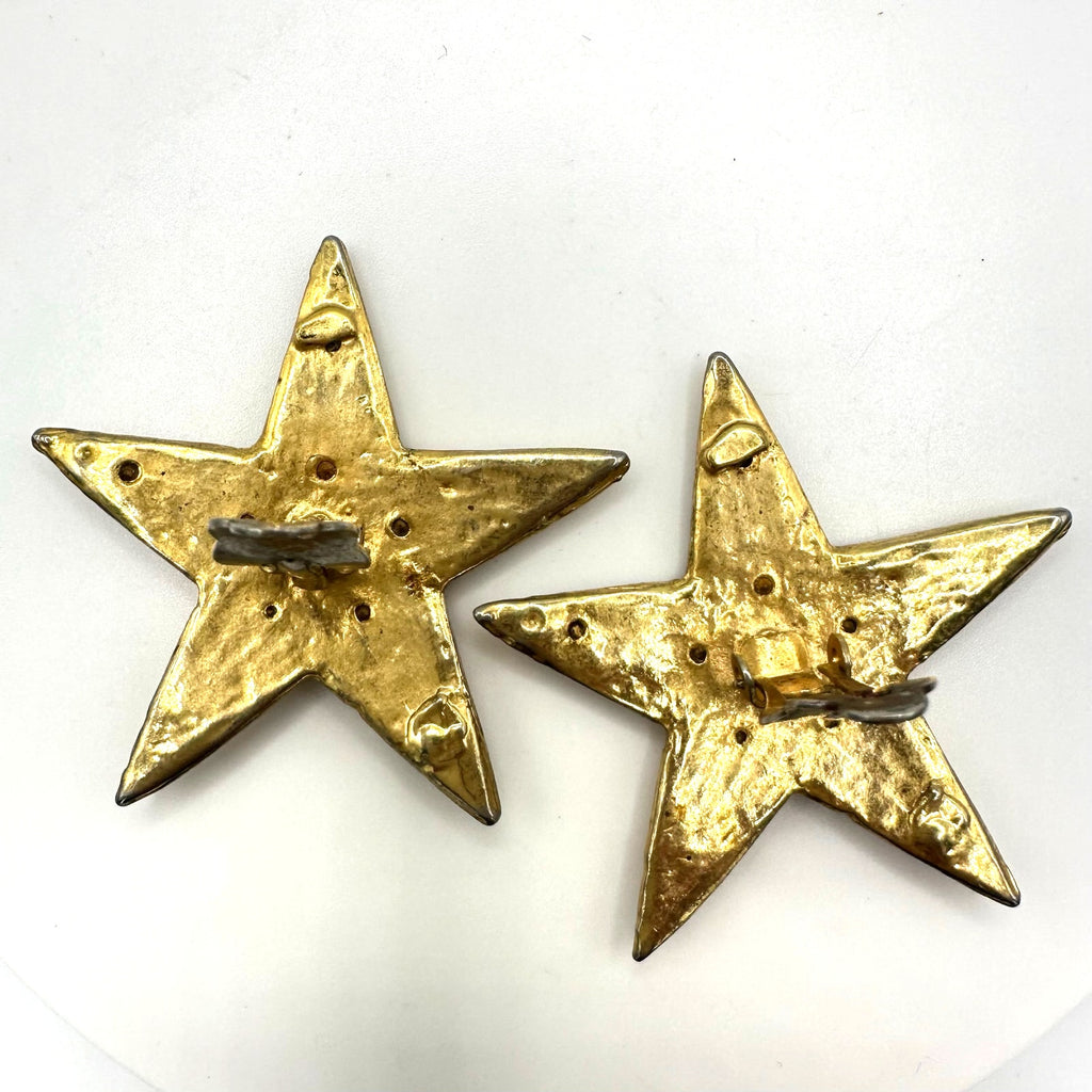 Vintage 1990s gold tone clear rhinestones 5 point stars clip on earrings