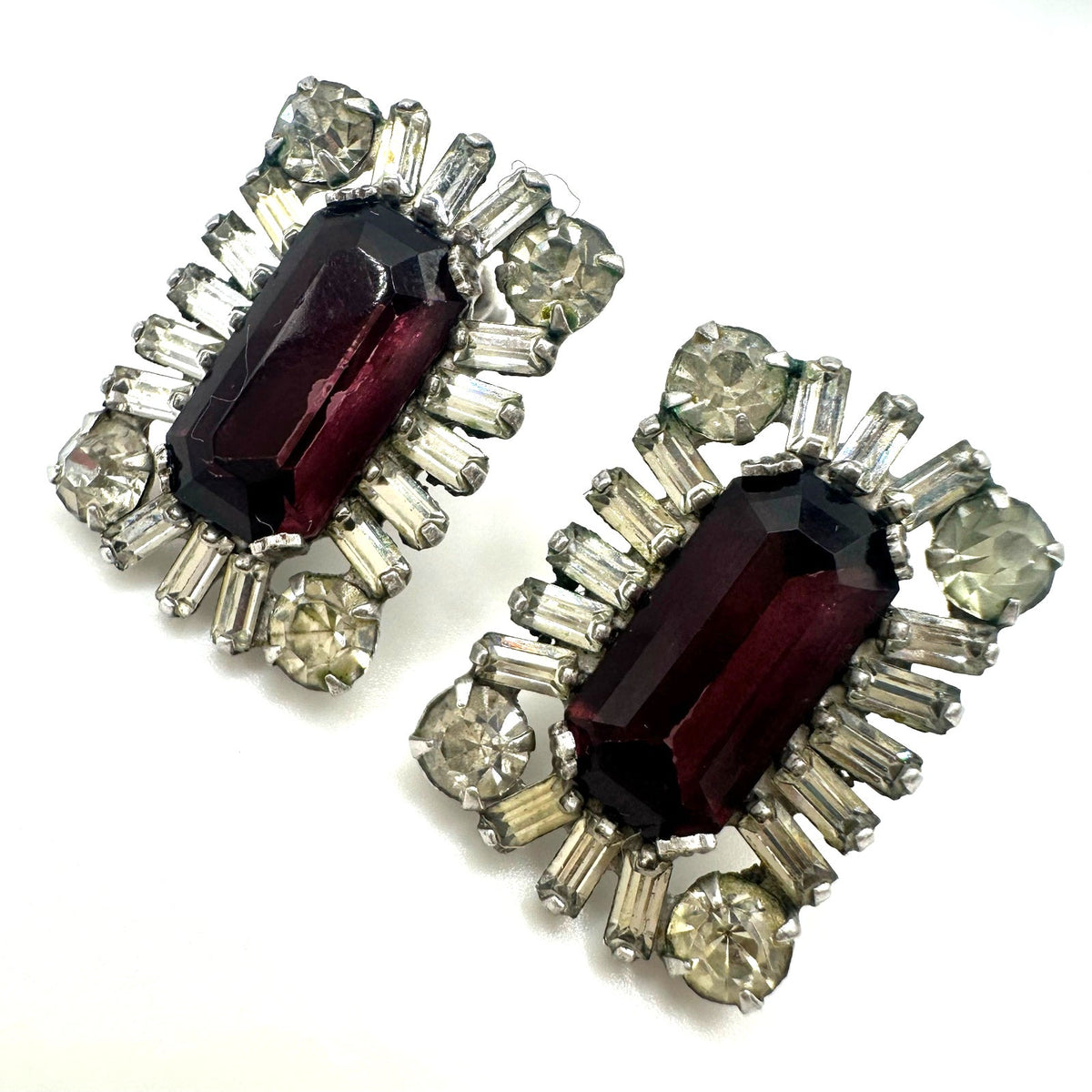 1940s vintage sterling silver purple clear glass rhinestones screw back earrings