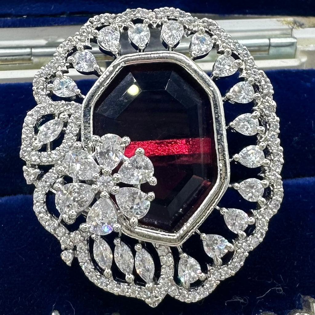Silver tone red crimson clear cubic zirconia cluster adjustable statement ring