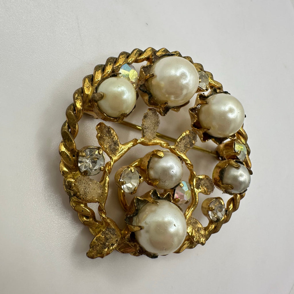 Austria 1950s gold tone aurora borealis AB clear rhinestones faux pearls brooch