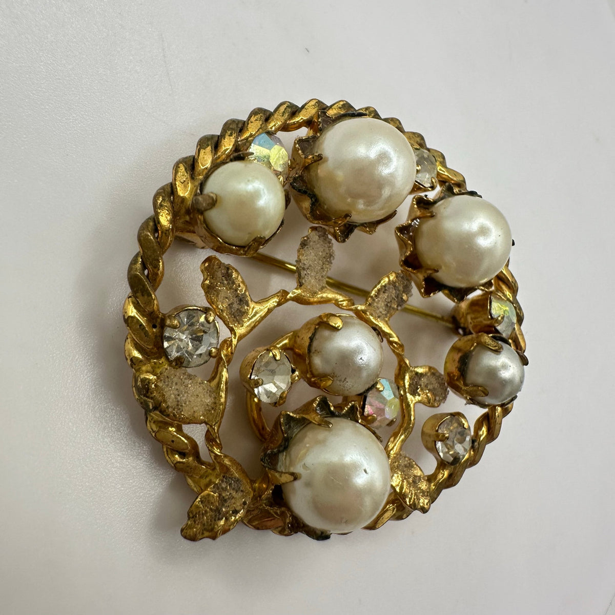 Austria 1950s gold tone aurora borealis AB clear rhinestones faux pearls brooch