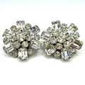 1950s vintage silver tone clear glass rhinestones cluster clip on earrings