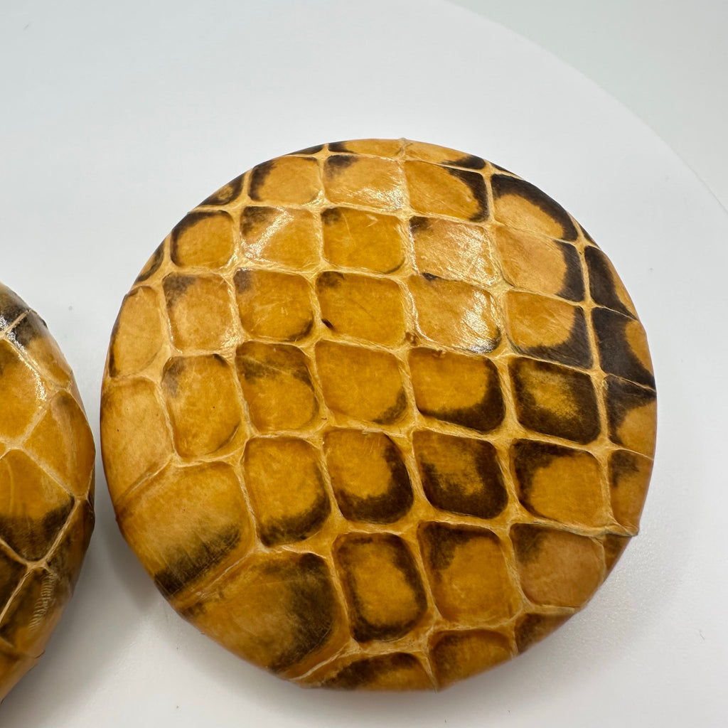 1980s vintage genuine snake skin snakeskin leather yellow disc clip on earrings
