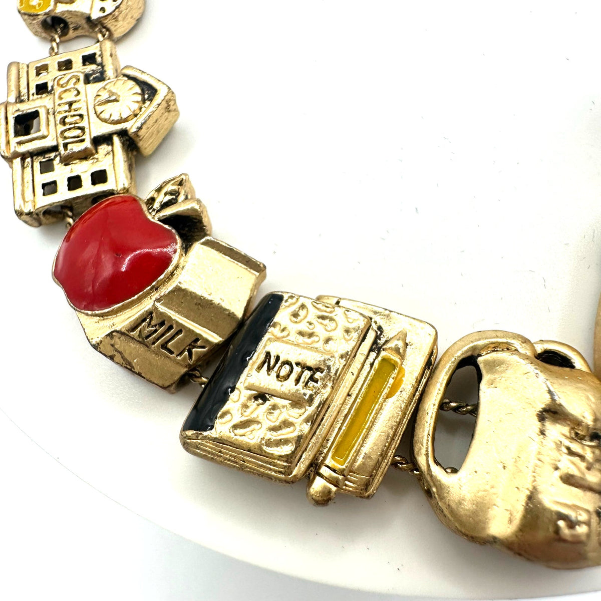 Vintage gold tone school teacher red yellow enamel slider charms bracelet