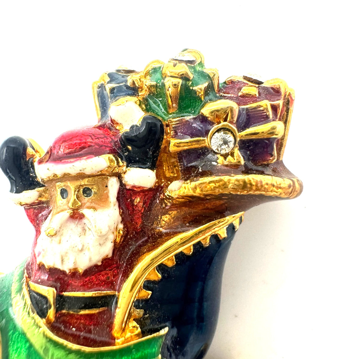 Christopher Radko vintage gold tone enamel Christmas Santa Claus sleigh brooch