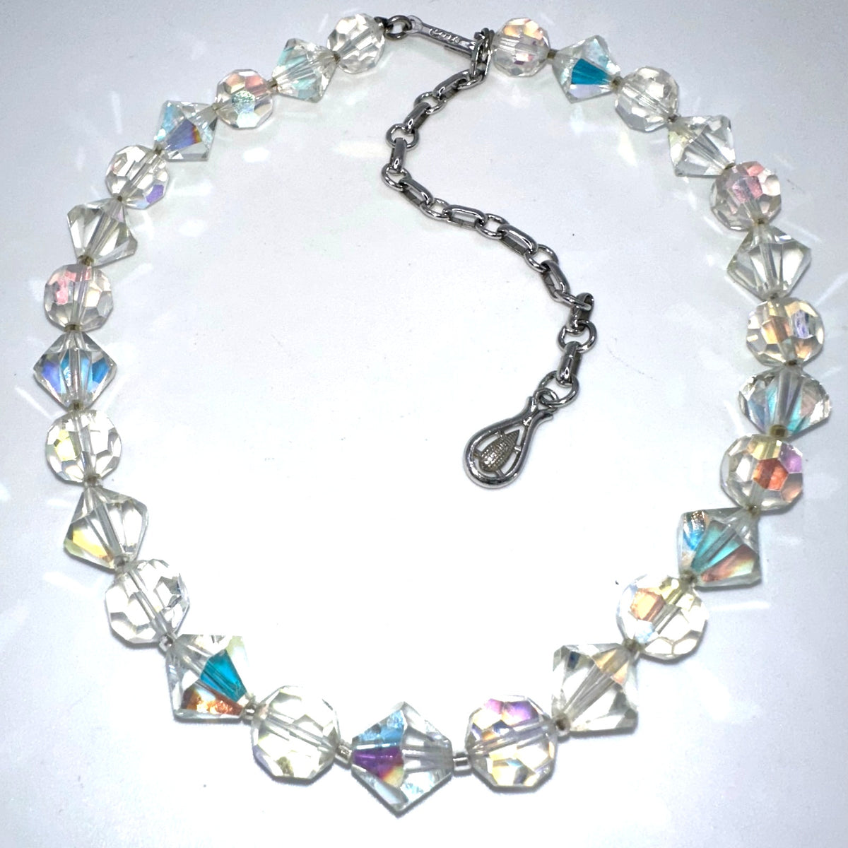 Coro 1950s vintage clear faceted glass aurora borealis AB beads beaded necklace