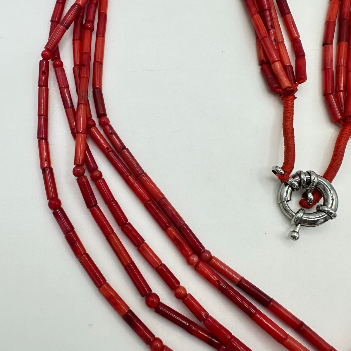 Vintage handmade 5 multi strand genuine red coral branch beads beaded necklace