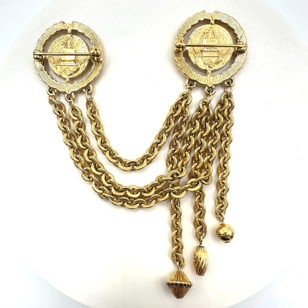 Monet 1980s vintage gold plated double 2 cameo Roman coins chains swag brooch