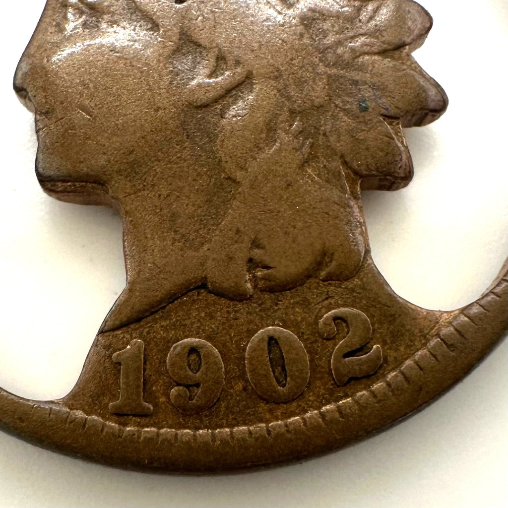 Antique 1902 antique American Indian Head Penny coin cut out pendant charm