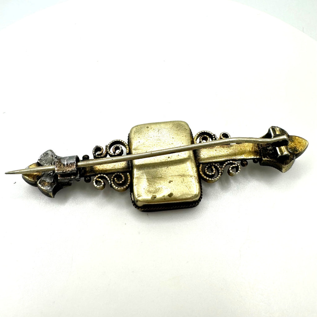 Antique Victorian 1880s micro mosaic gold filled Etruscan Revival bar pin brooch