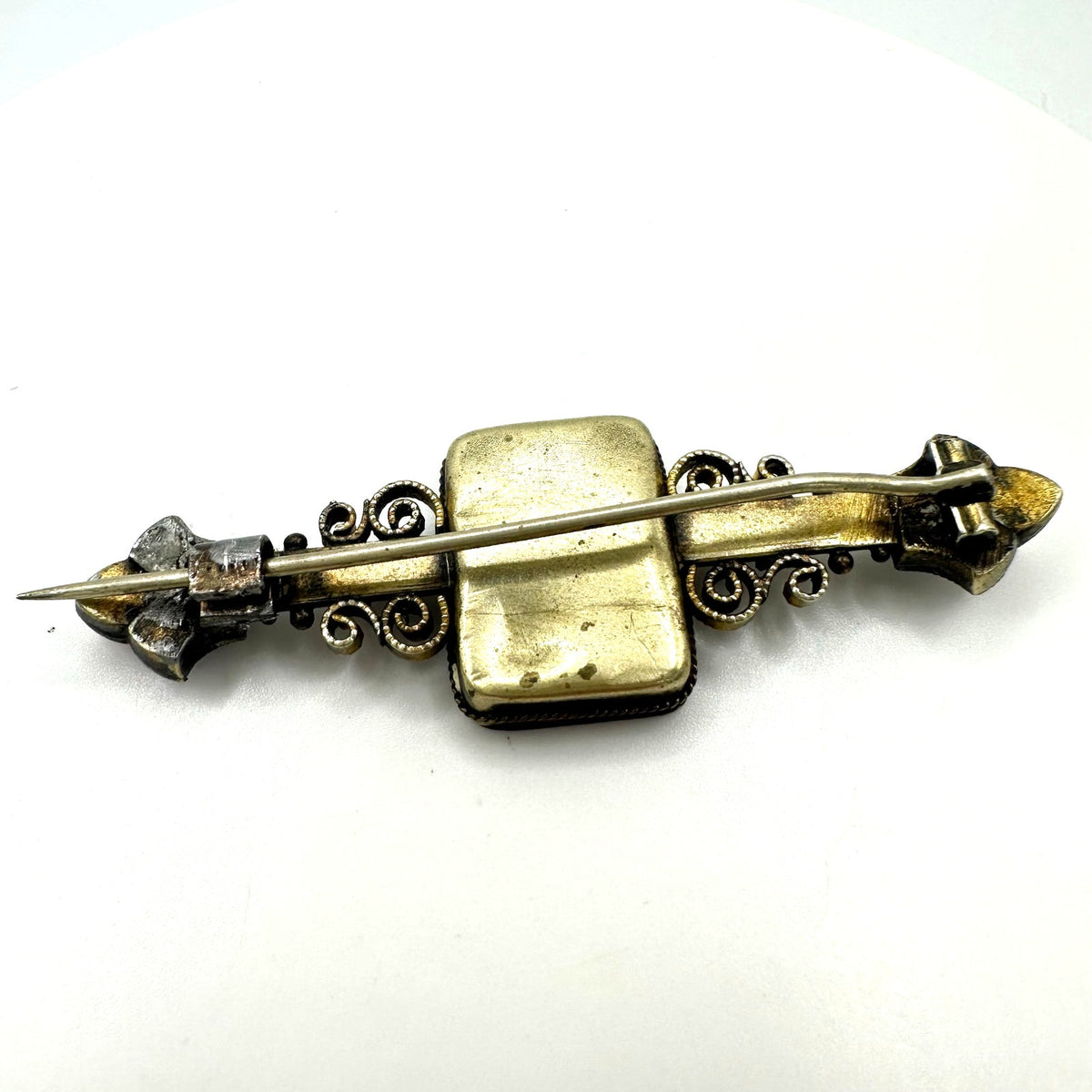 Antique Victorian 1880s micro mosaic gold filled Etruscan Revival bar pin brooch