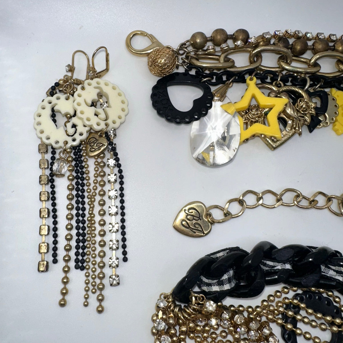 Betsey Johnson Rocker Chic gold tone charms necklace bracelet earrings set