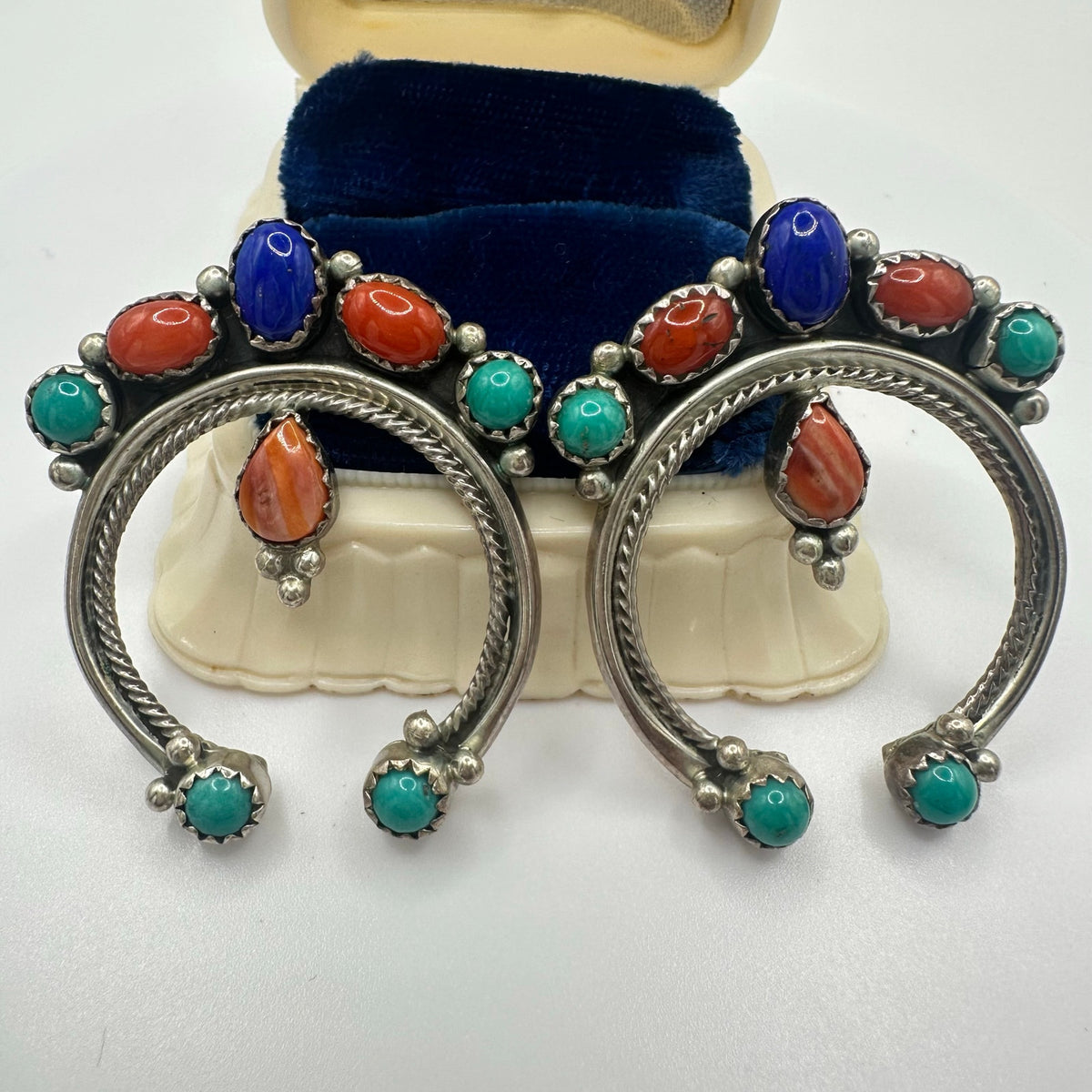 Navajo 925 sterling silver multicolor semiprecious cabochons naja earrings 12.9g
