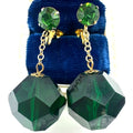 Vintage gold tone fern green rhinestones emerald lucite clip on drop earrings