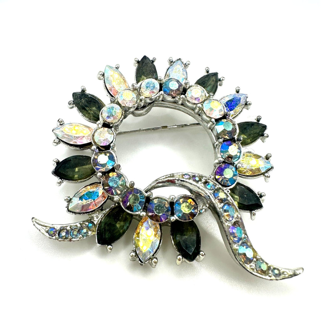 Star vintage silver tone clear gray AB aurora borealis rhinestones wreath brooch