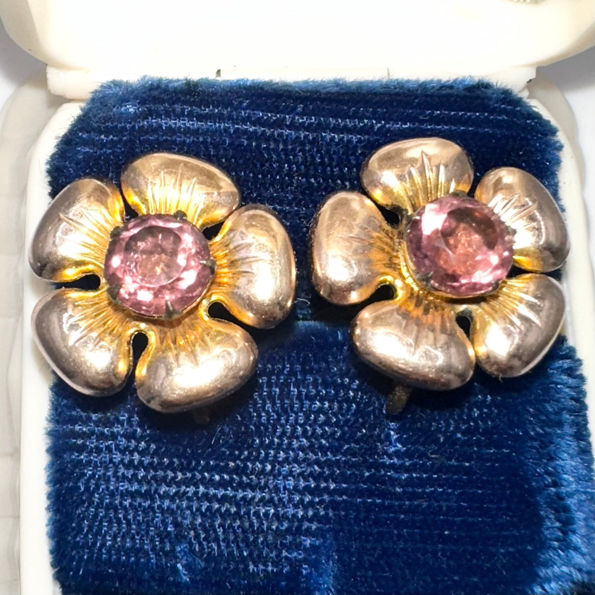1940s sterling silver gold plated flowers purple rhinestones screw back earrings