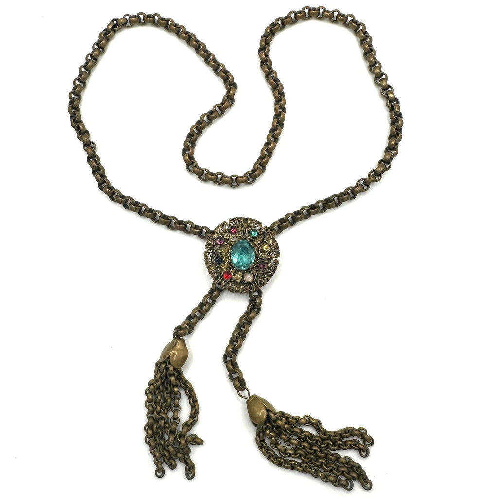 Antique Art Deco gold tone brass Czech glass rhinestones slider tassel necklace