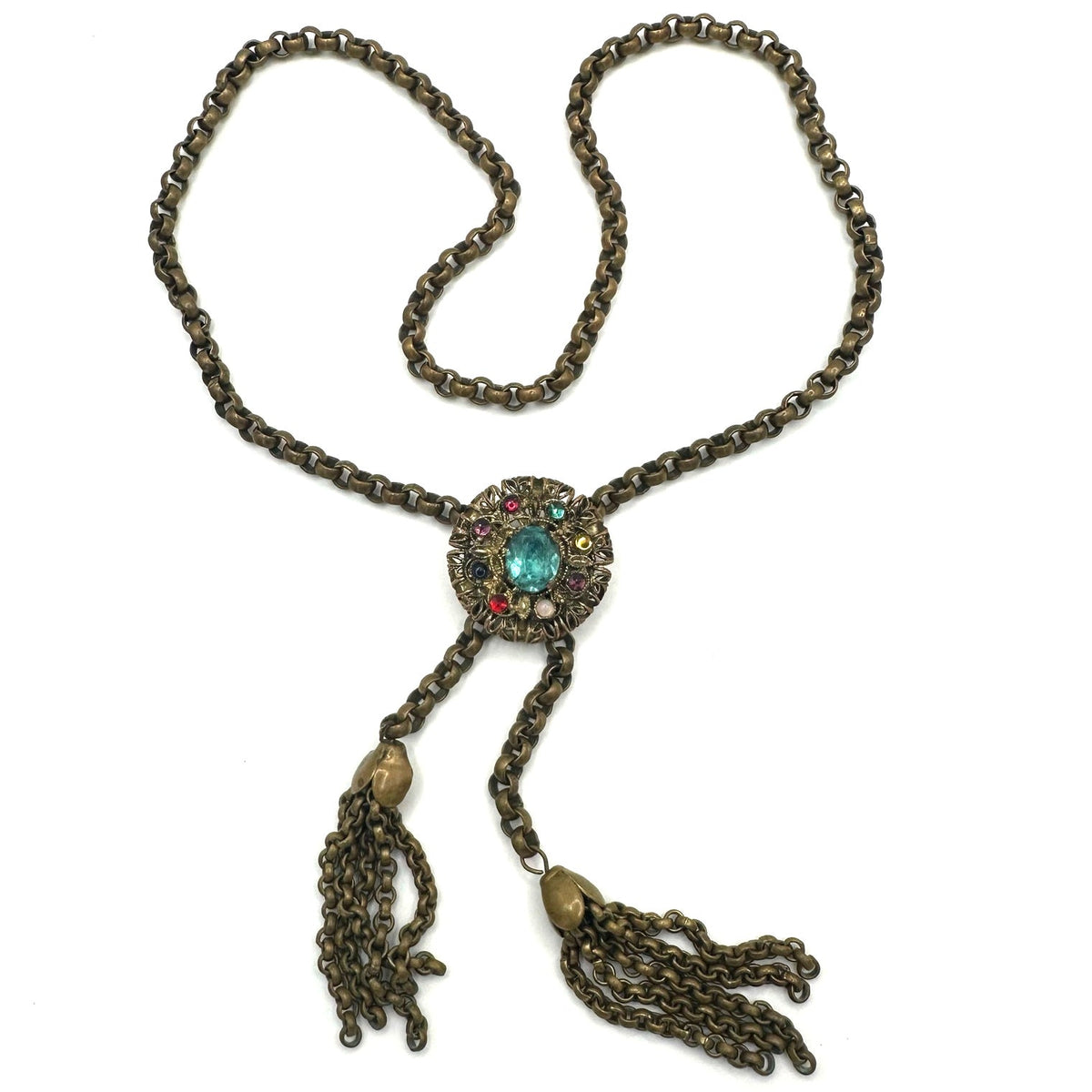 Antique Art Deco gold tone brass Czech glass rhinestones slider tassel necklace