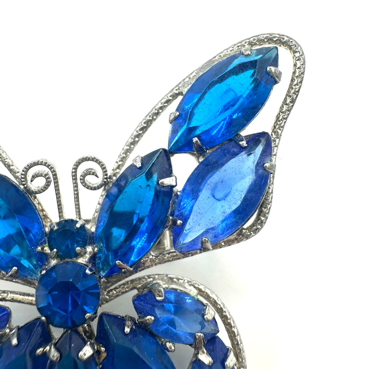 Vintage silver tone royal cobalt blue unfoiled rhinestones butterfly brooch