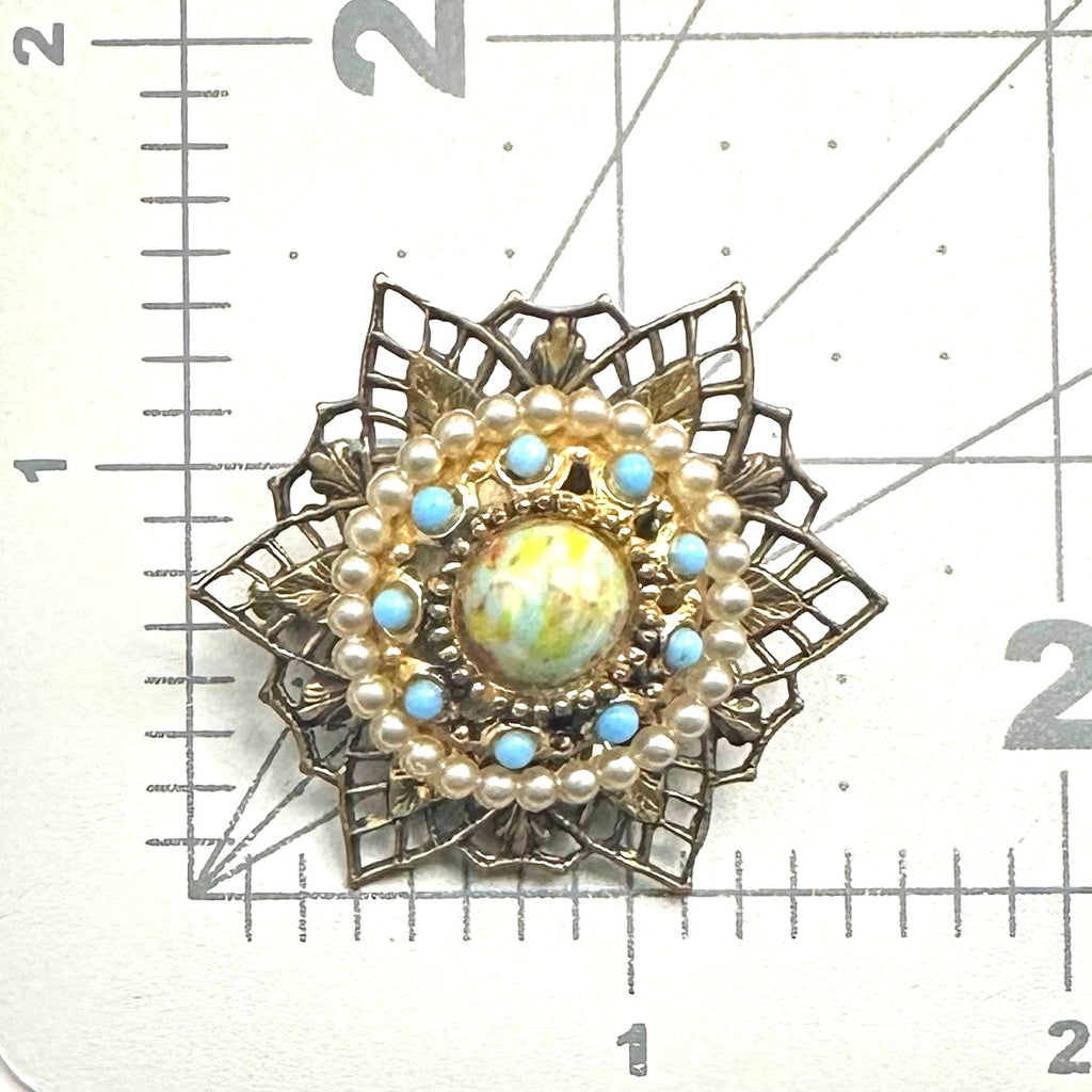 Vintage gold tone filigree faux pearl turquoise confetti lucite cabochon brooch