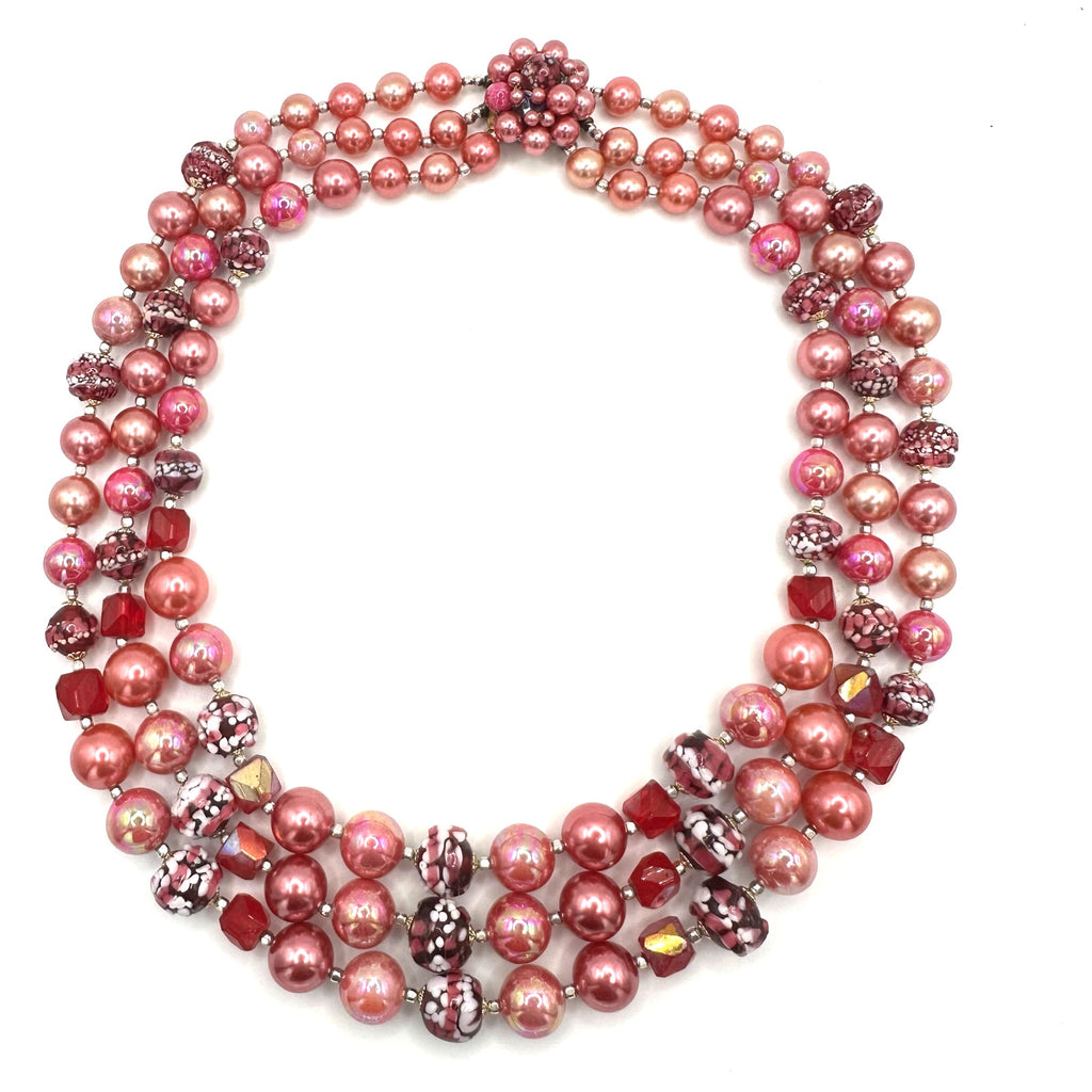Japan vintage 3 strand pink AB lucite faux pearls red glass beaded necklace