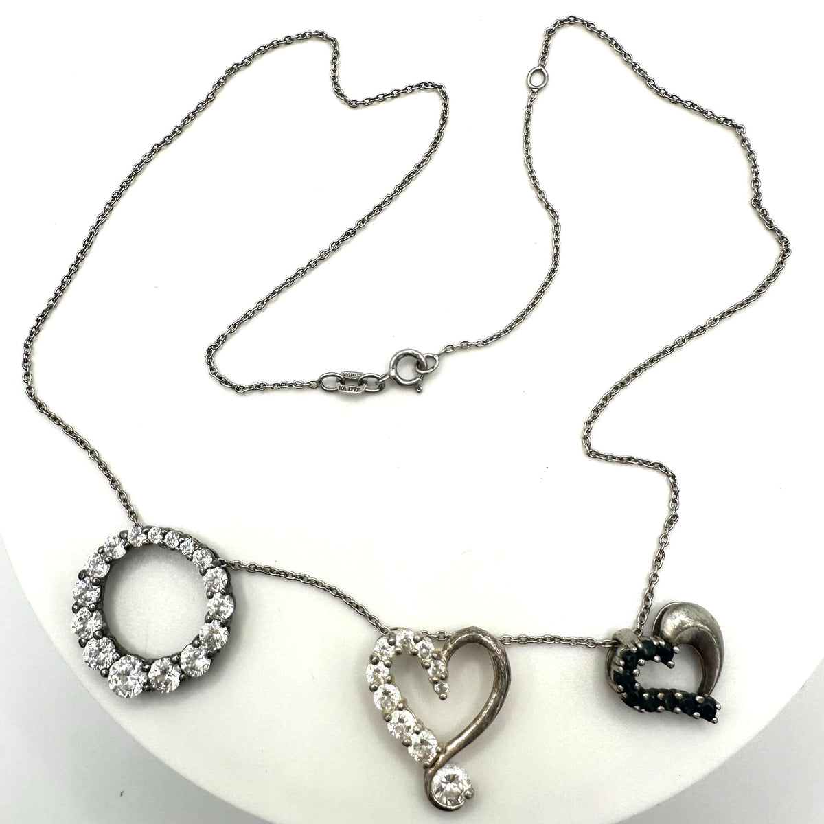 Vintage 925 sterling silver 3 cubic zirconia sapphire pendants chain necklace