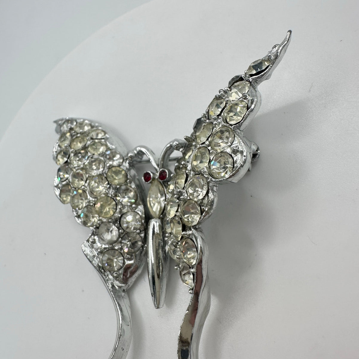 Vintage 1940s silver tone rhodium plated clear red rhinestones butterfly brooch