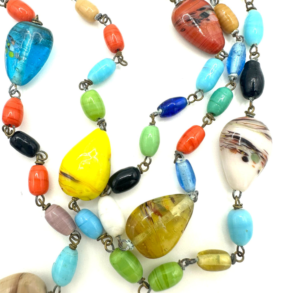 Antique Art Deco Czech art glass multicolor beads beaded brass 50" necklace