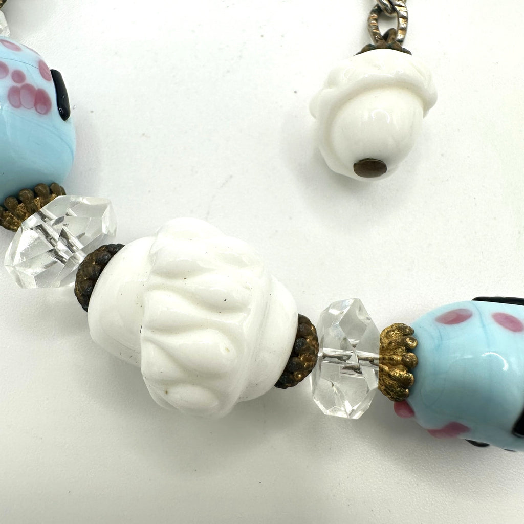 Vintage 1940s white milk art glass blue pink lampwork gold tone beaded necklace